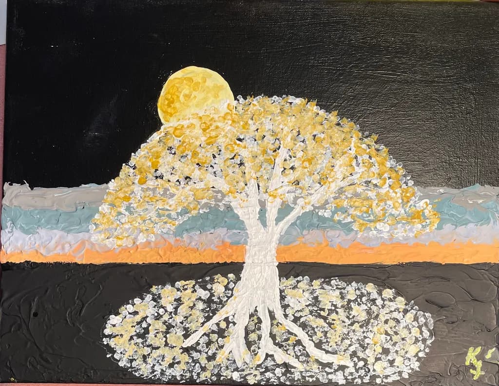 Golden Moonlit Tree: A Textured Landscape of Serenity and Color