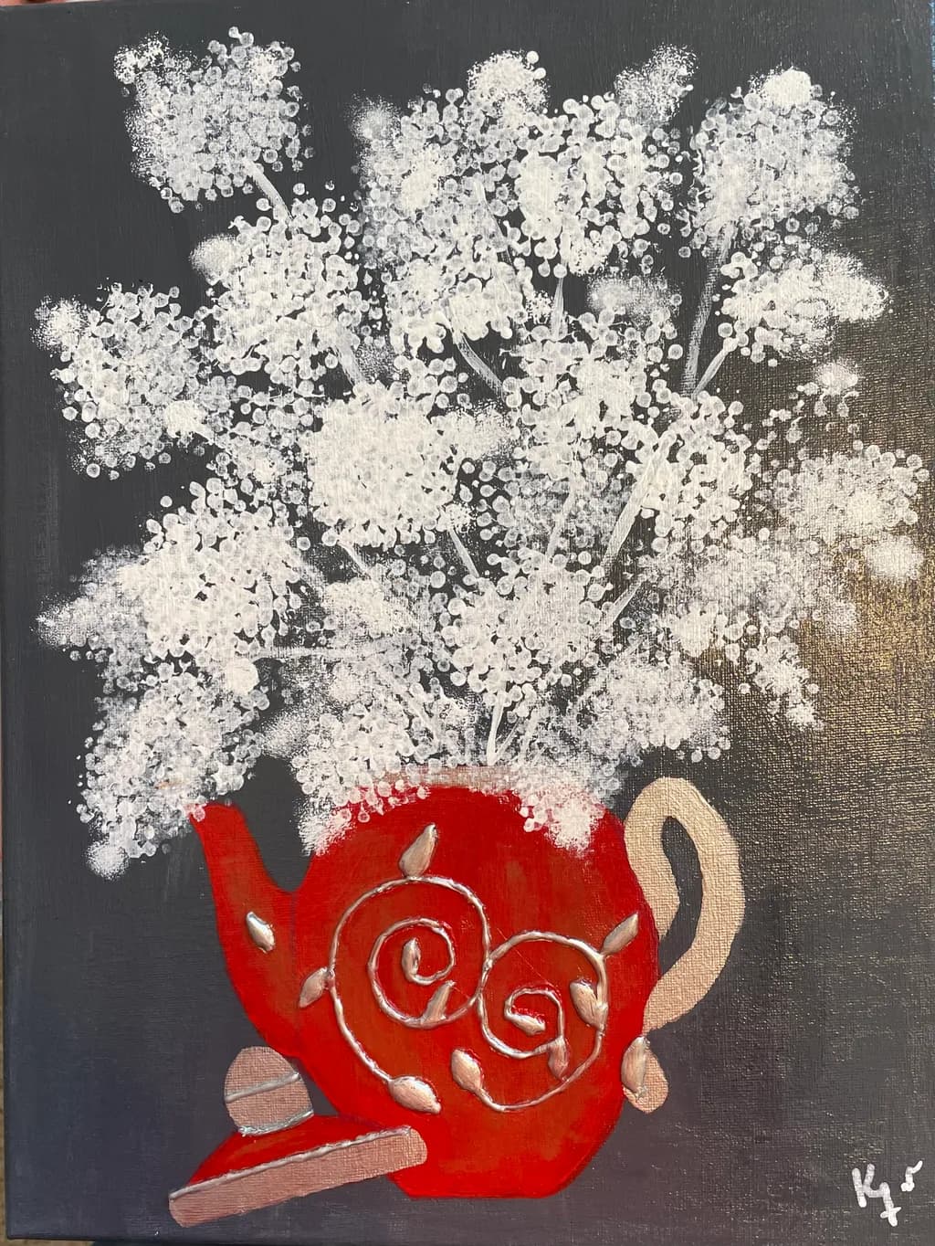 Whimsical Teapot Blooms: A Dance of White Flowers on a Bold Red Canvas