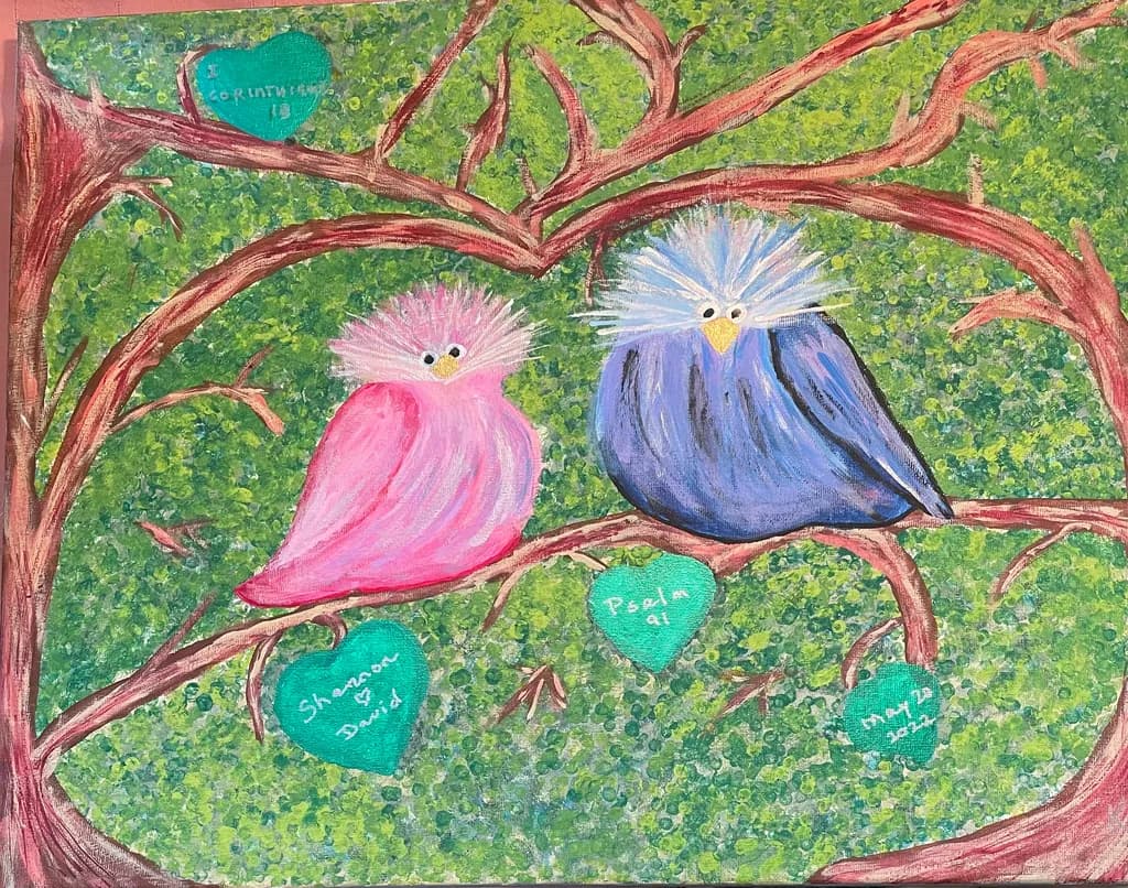 Whimsical Lovebirds: A Colorful Tribute to Connection and Faith