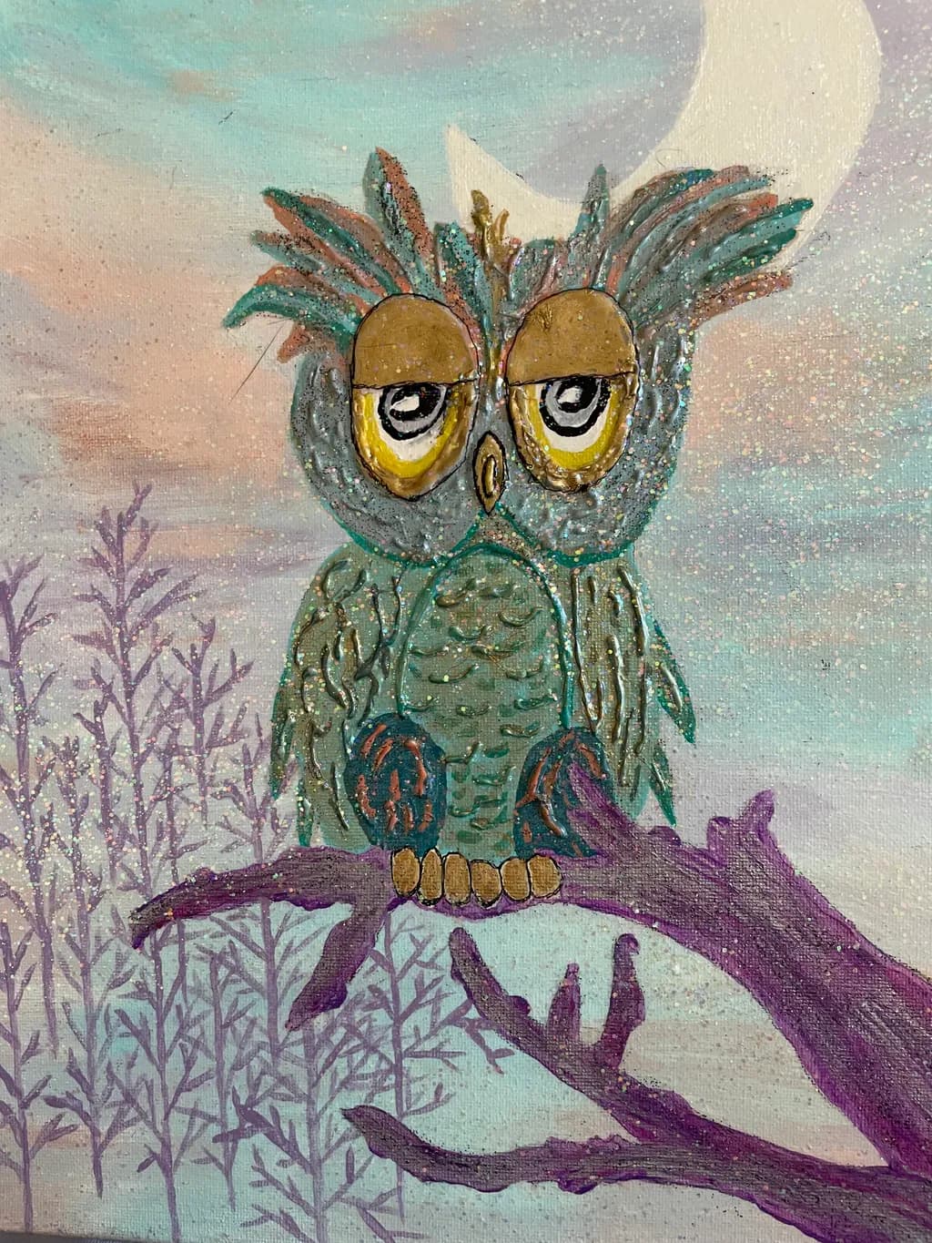 Whimsical Nightwatcher: A Glittering Owl in Moonlit Serenity