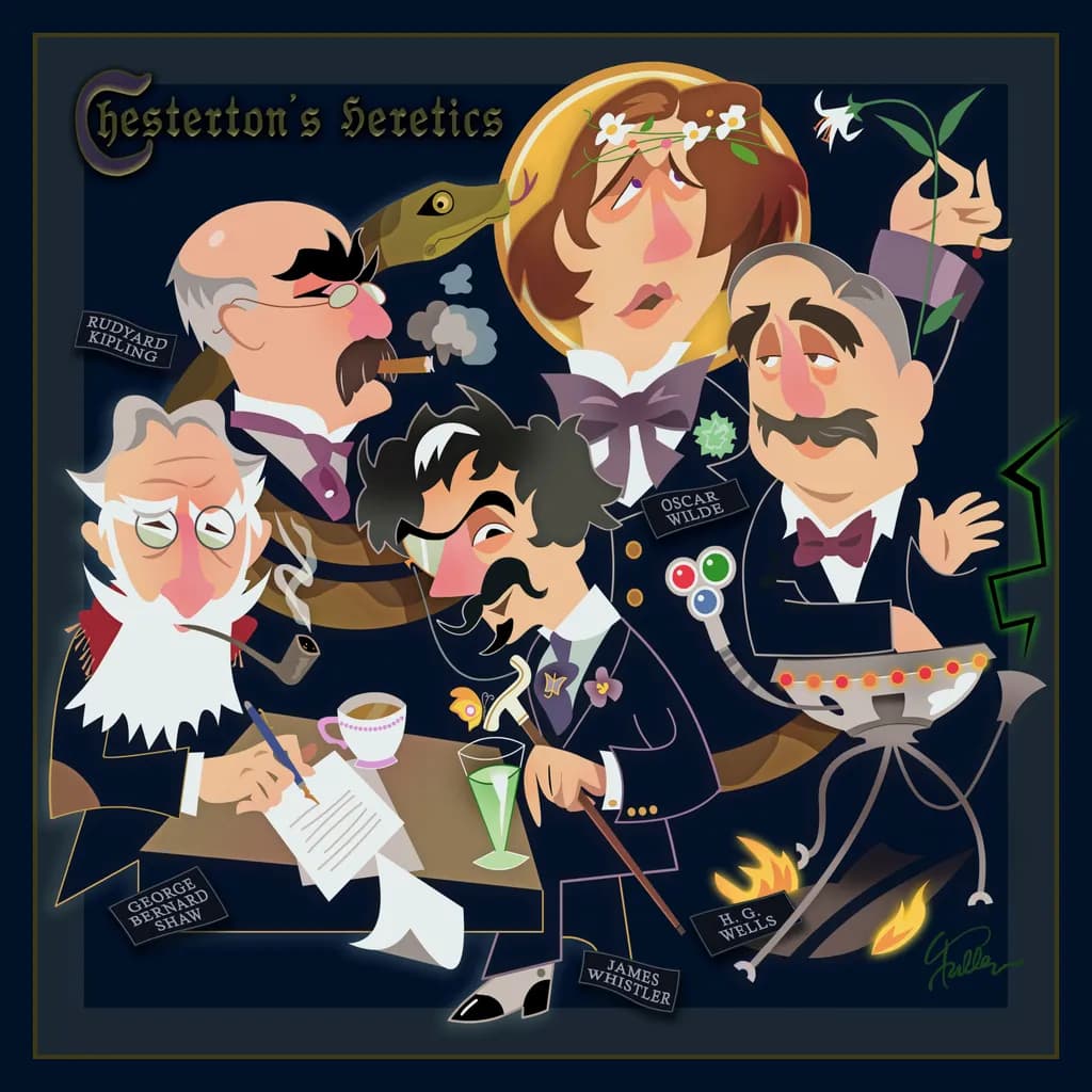 Chesterton's Heretics: A Whimsical Gathering of Literary Icons in Colorful Caricature