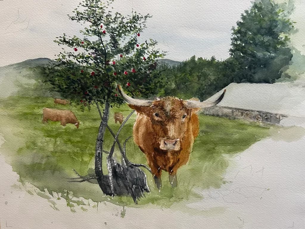 Highland Cow Beneath the Apple Tree