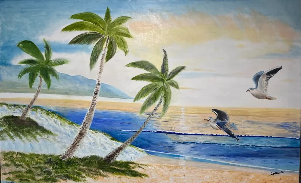 Serenity at Sunset: A Tranquil Beachscape with Palms and Soaring Birds