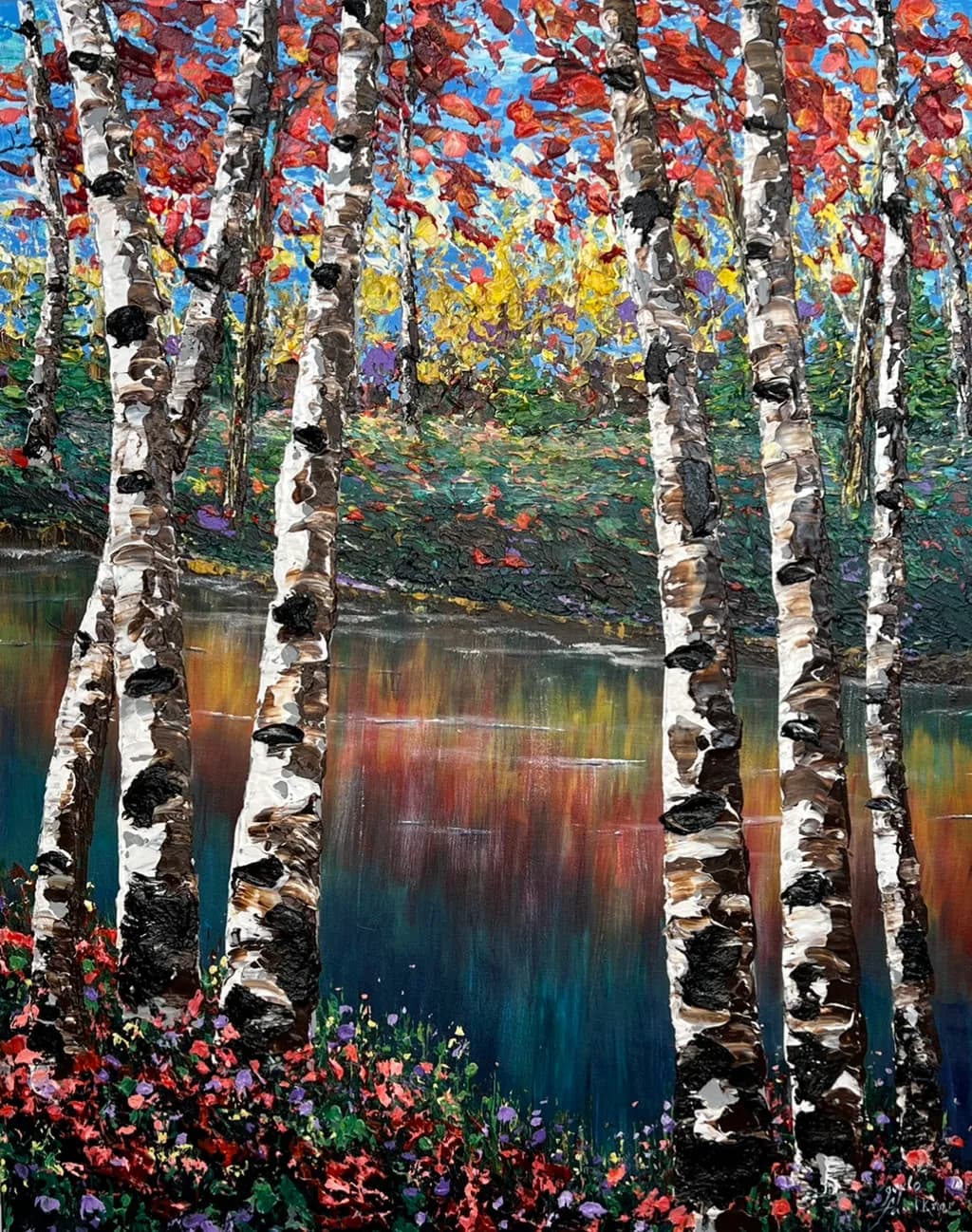 Whispers of Autumn: A Vibrant Reflection of Birch Trees by the Water's Edge
