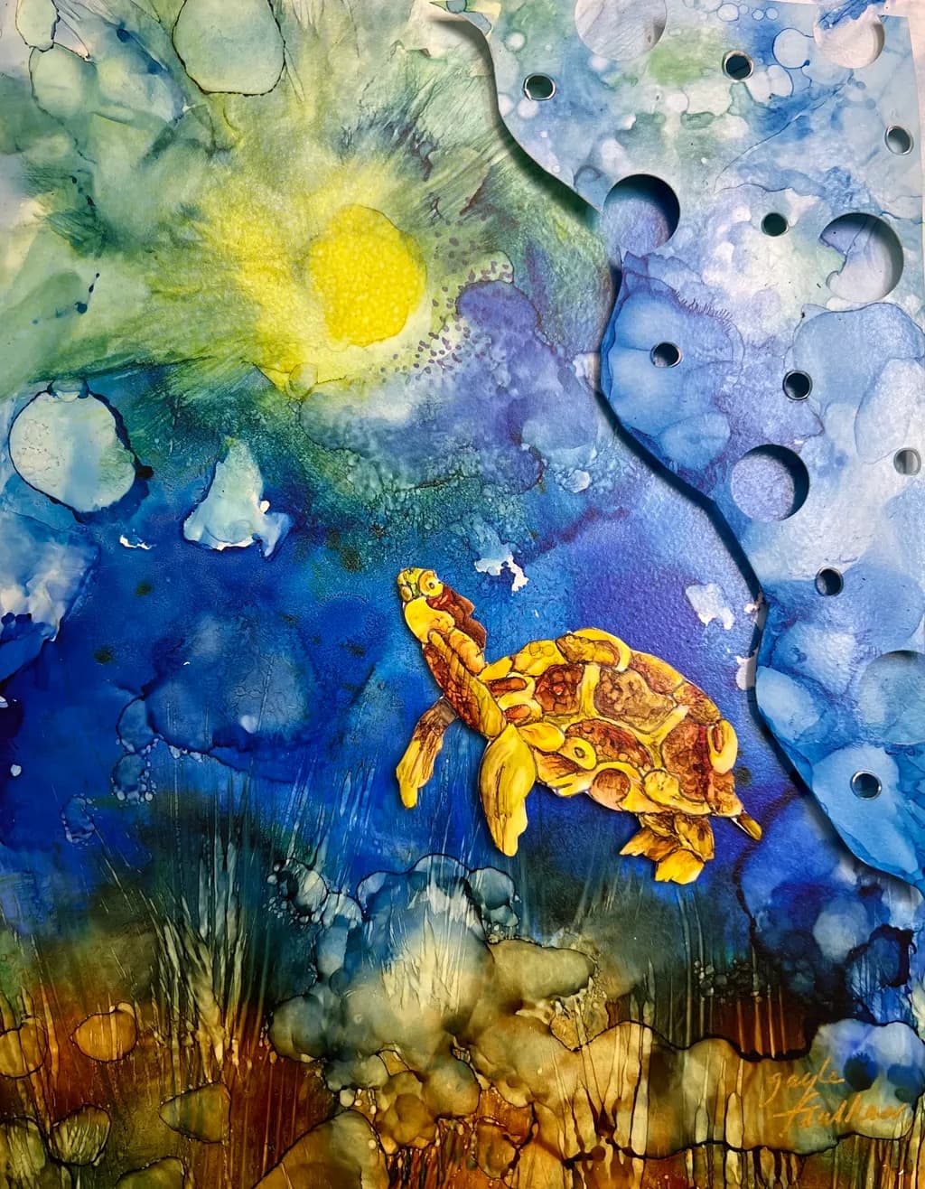 Serene Journey: A Colorful Turtle Swimming Through an Ocean of Dreams