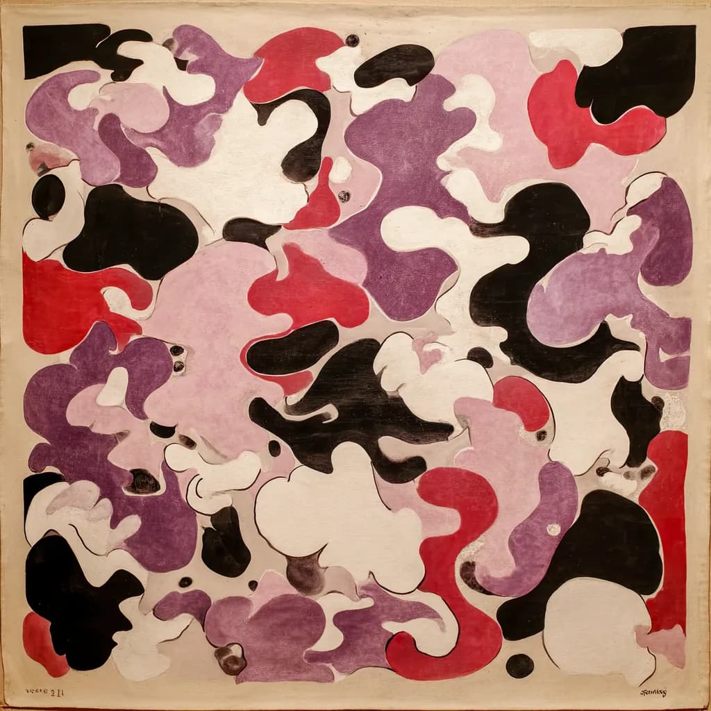 Whispers of Color: A Dance of Abstract Forms in Purple, Red, and Black