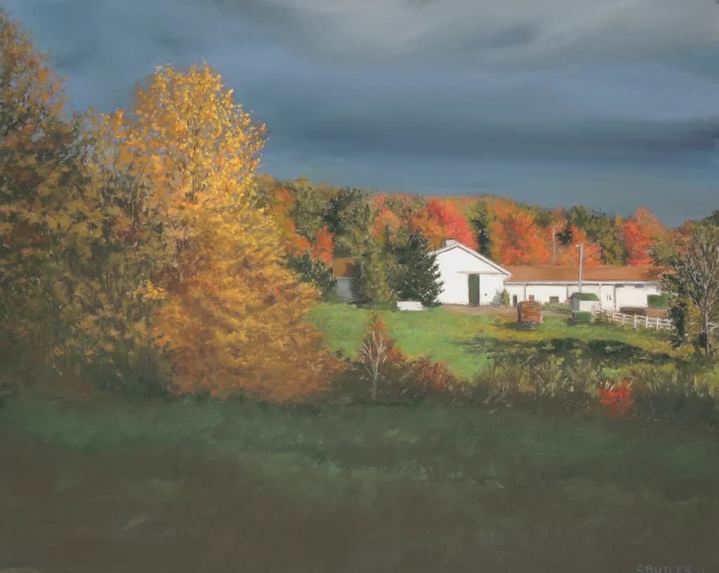 Autumn Serenity: A Tranquil Farm Landscape Under Dramatic Skies