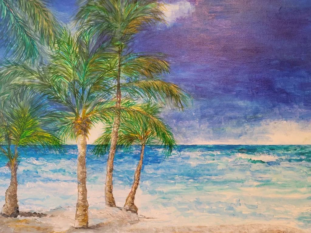 Tropical Serenity: A Vibrant Beachscape with Palm Trees and Azure Waves