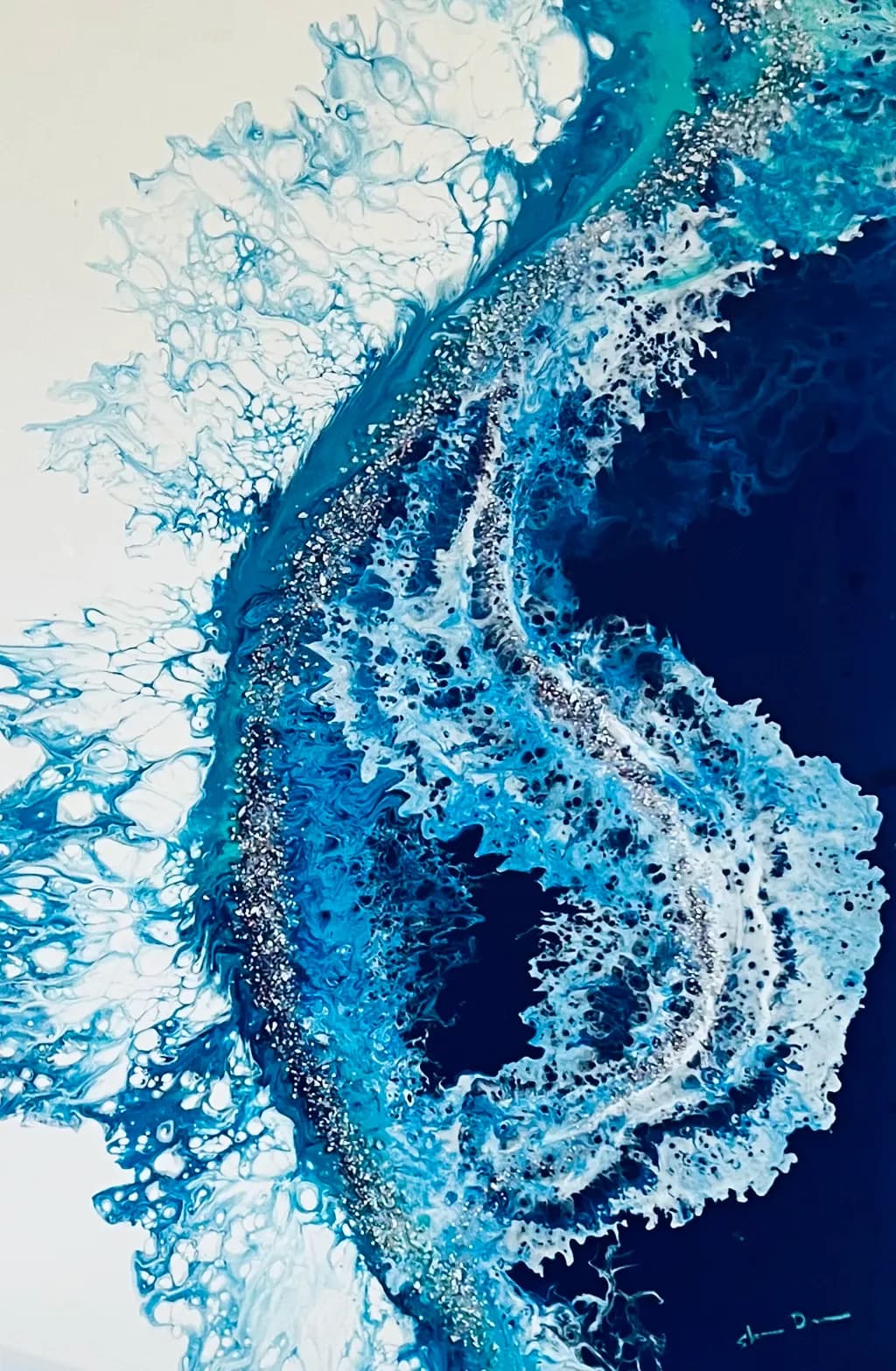 Oceanic Whispers: A Dance of Blue and White in Abstract Fluid Art