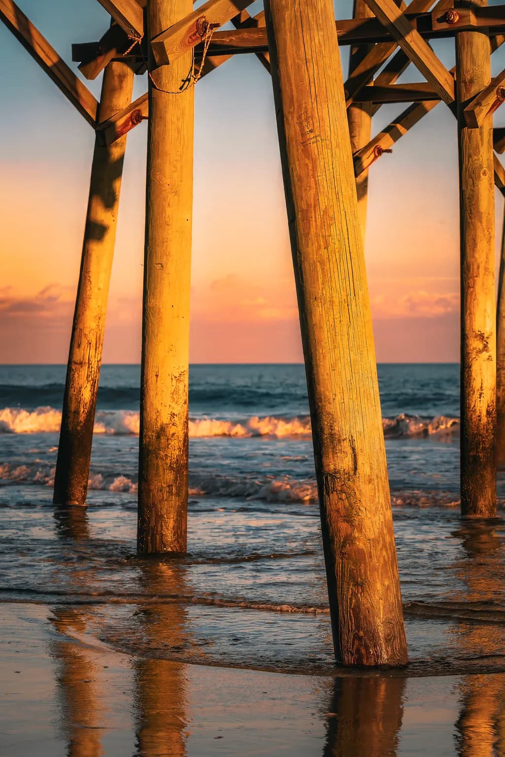 Golden Reflections: The Dance of Light and Water Beneath the Pier at Dusk