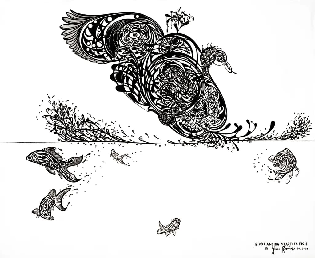Whimsical Dance: A Bird's Landing Startles the Underwater World