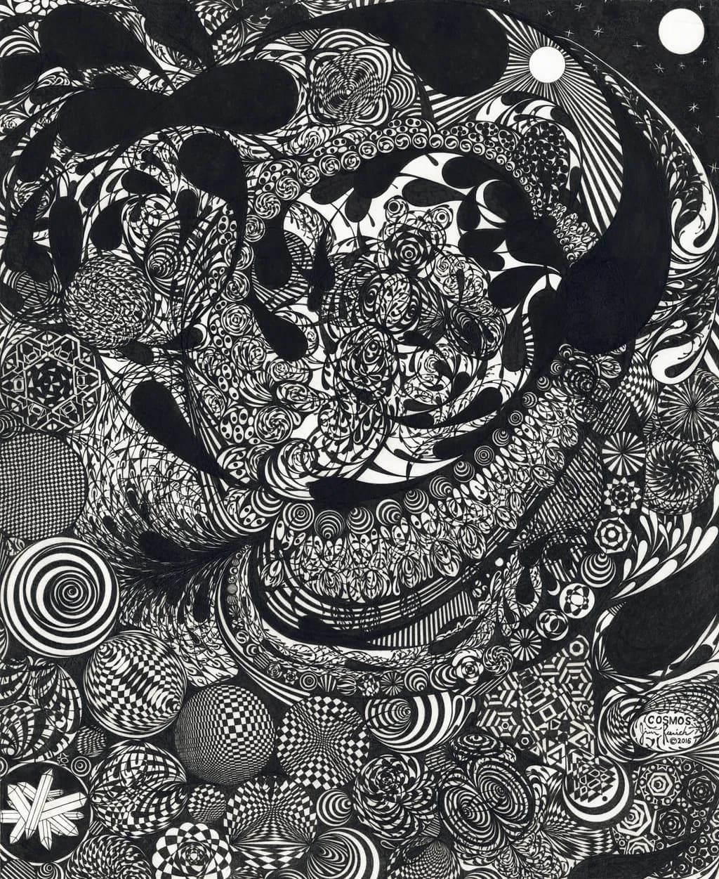 Cosmic Whirl: A Dance of Black and White Patterns in Infinite Harmony