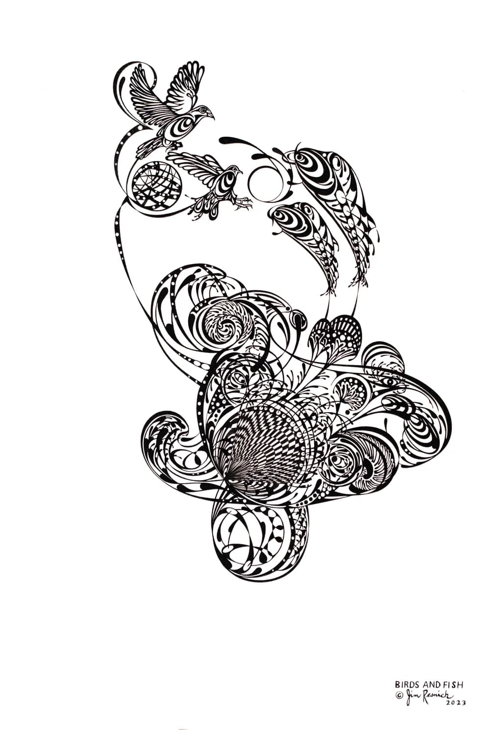 Whimsical Dance of Birds and Fish: An Abstract Exploration in Black and White Nature Art