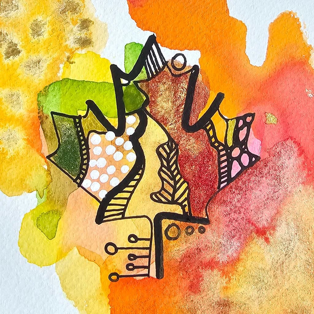 Vibrant Autumn Whispers: A Colorful Leaf in Watercolor and Ink
