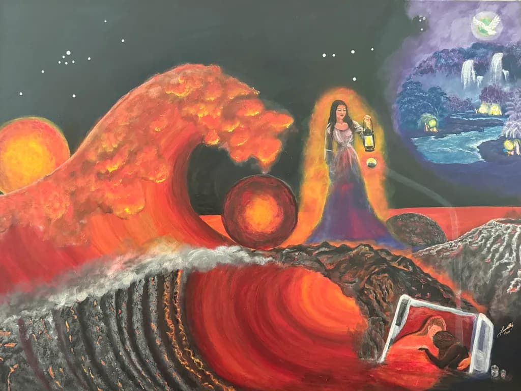 Volcanic Landscape with Lantern Bearer