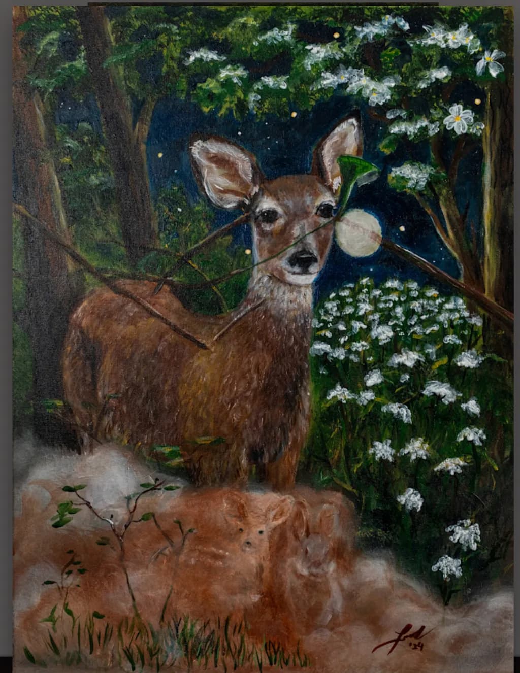 Whispers of the Forest: A Serene Night with Deer and Blossoms