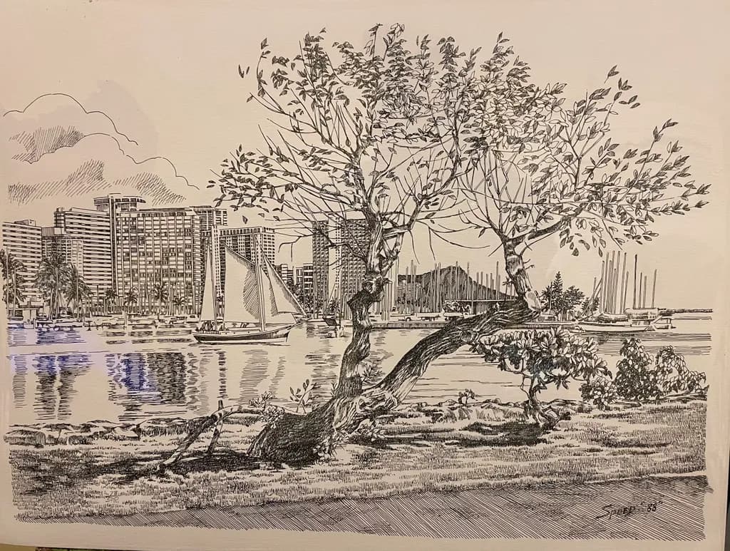 Whispers of the Waterfront: A Serene Cityscape Sketch with Trees and Boats