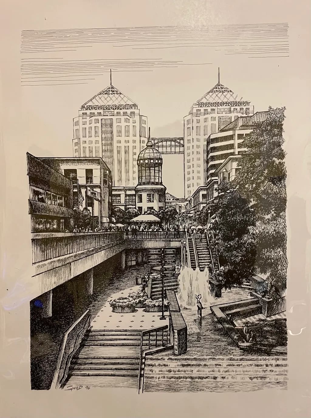 Urban Serenity: A Detailed Ink Rendering of City Life and Architecture