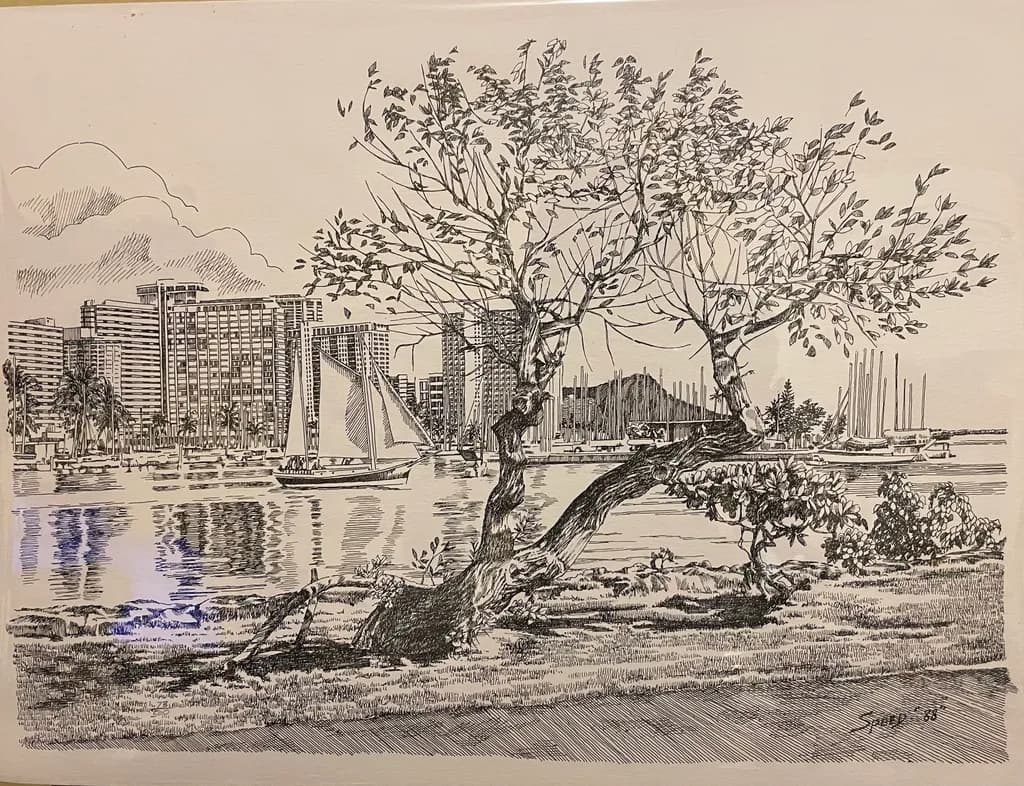 Serenity by the Water: A Tranquil Cityscape Reflection in Ink and Sketch
