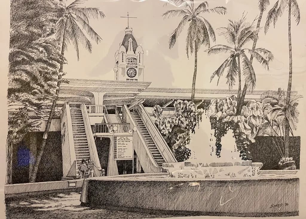 Serenity in Sketch: A Timeless Fountain and Palm Oasis