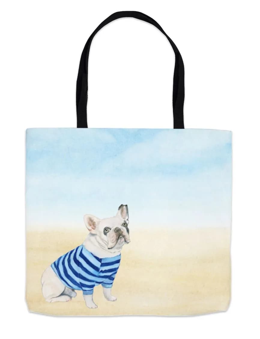 Chic Canine in Stripes: A Frenchie’s Day at the Beach