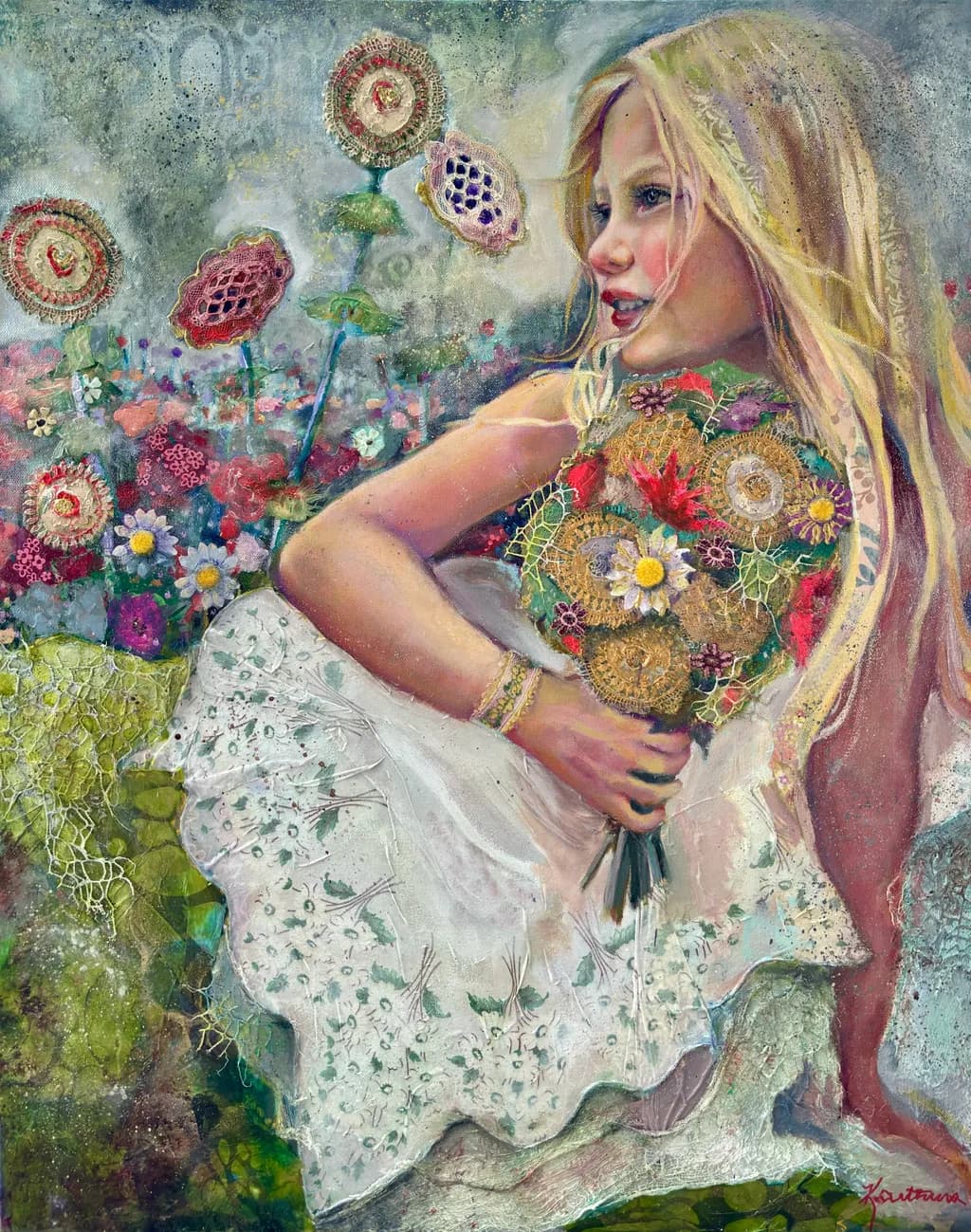 Whimsical Blossoms: A Child's Embrace of Nature's Colorful Bouquet