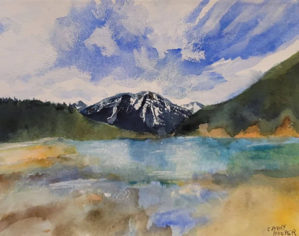 Mountain Serenity: A Tranquil Watercolor Landscape of Nature's Beauty