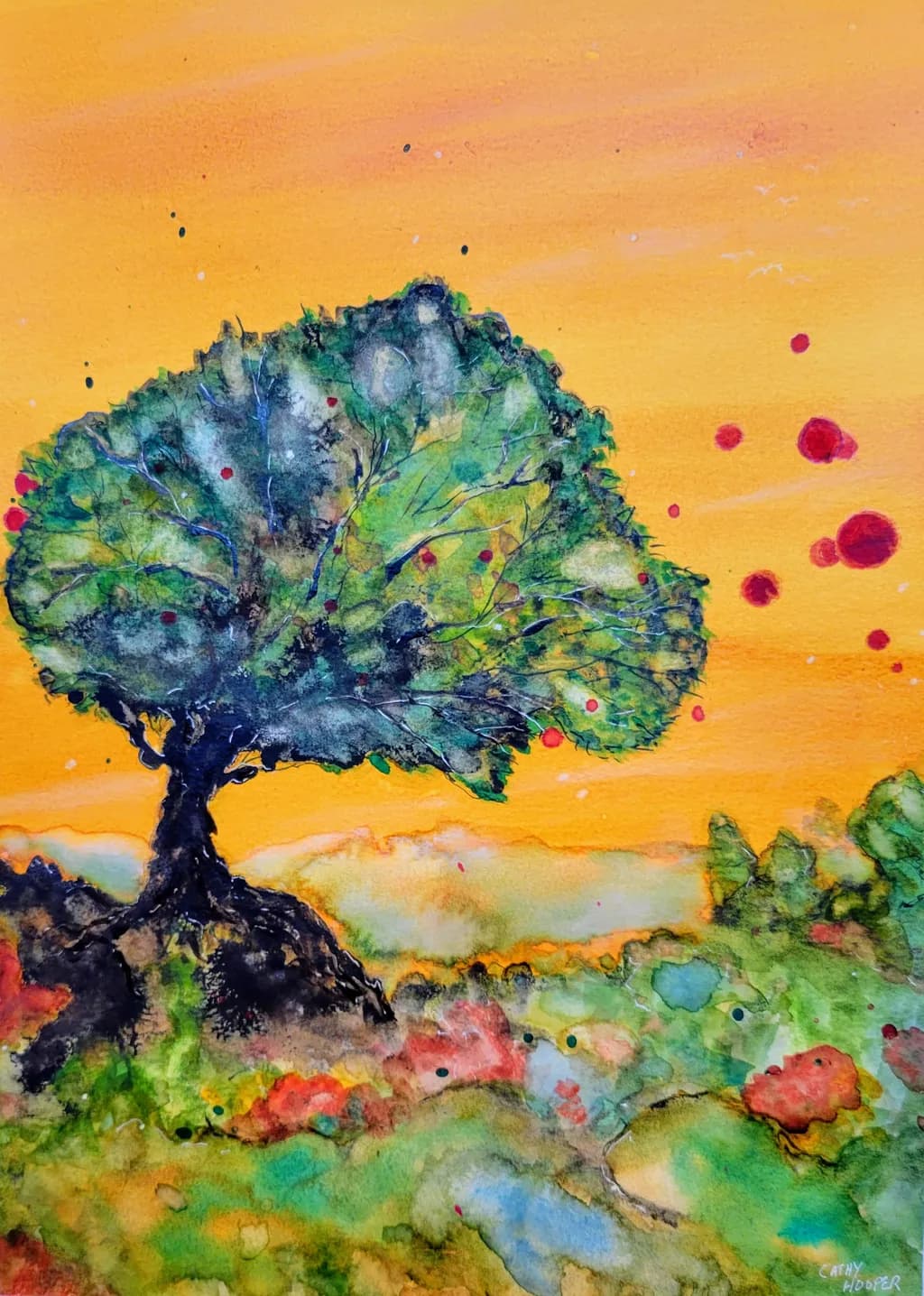 Whispers of Autumn: A Vibrant Tree Against a Golden Horizon