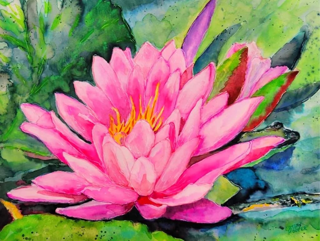 Serenity in Bloom: A Vibrant Watercolor Lotus Flower Amidst Lush Greenery