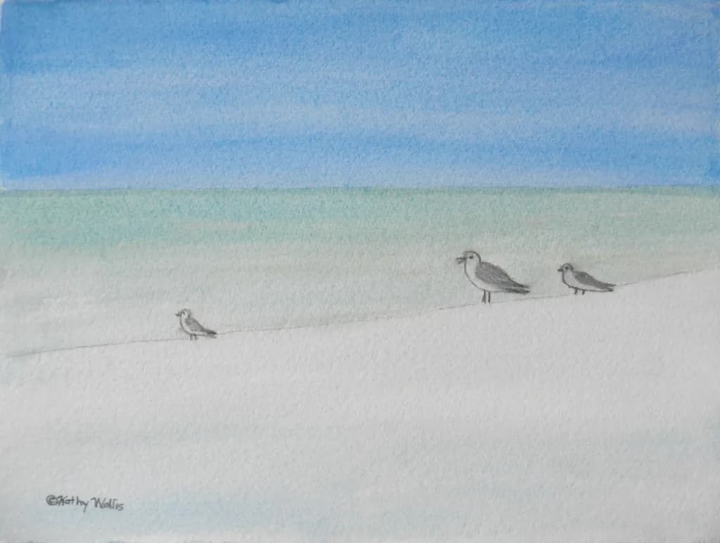 Seagulls at the Shoreline: A Tranquil Coastal Watercolor Scene