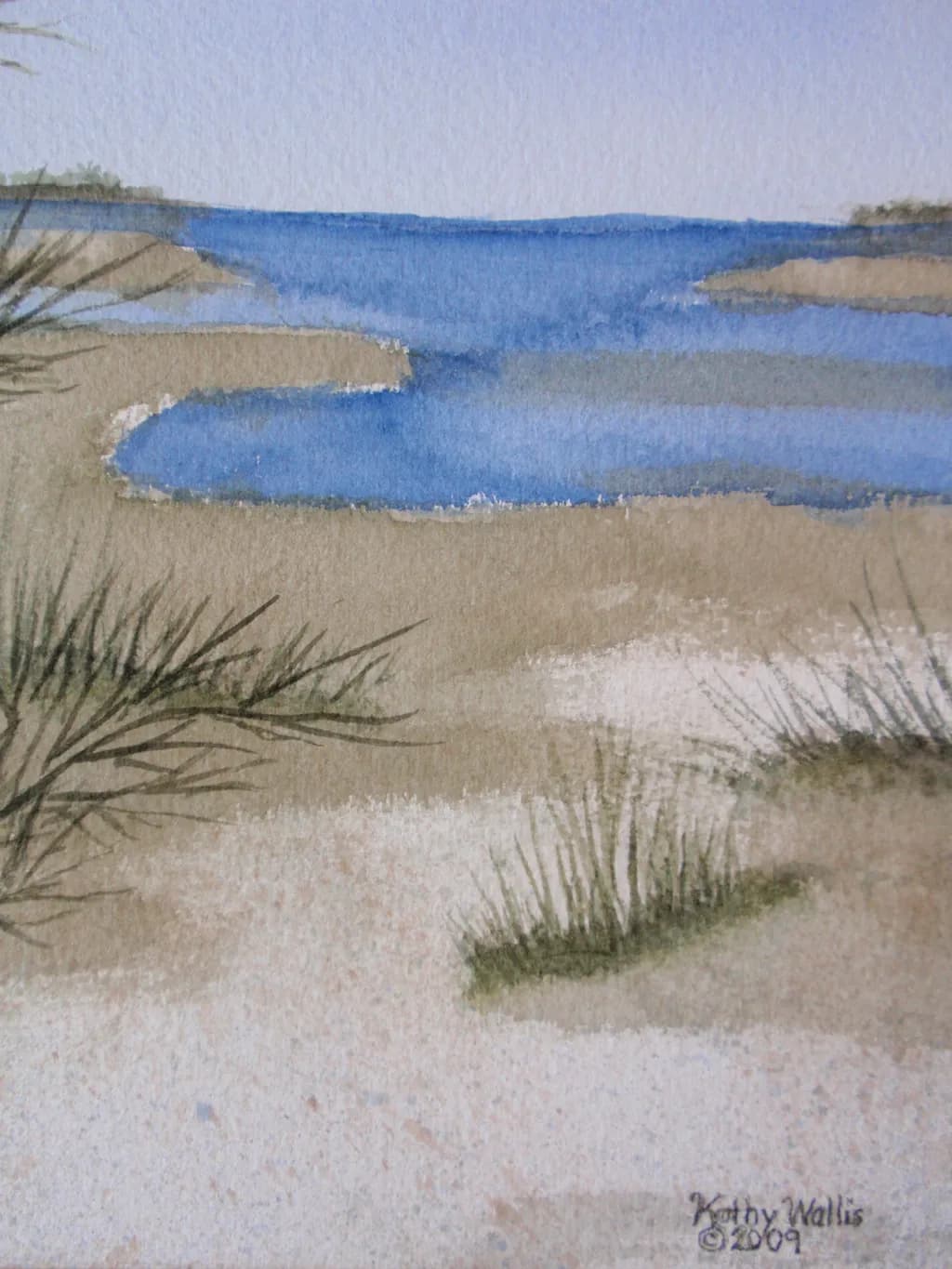 Serenity by the Shore: A Tranquil Watercolor Landscape of Coastal Beauty