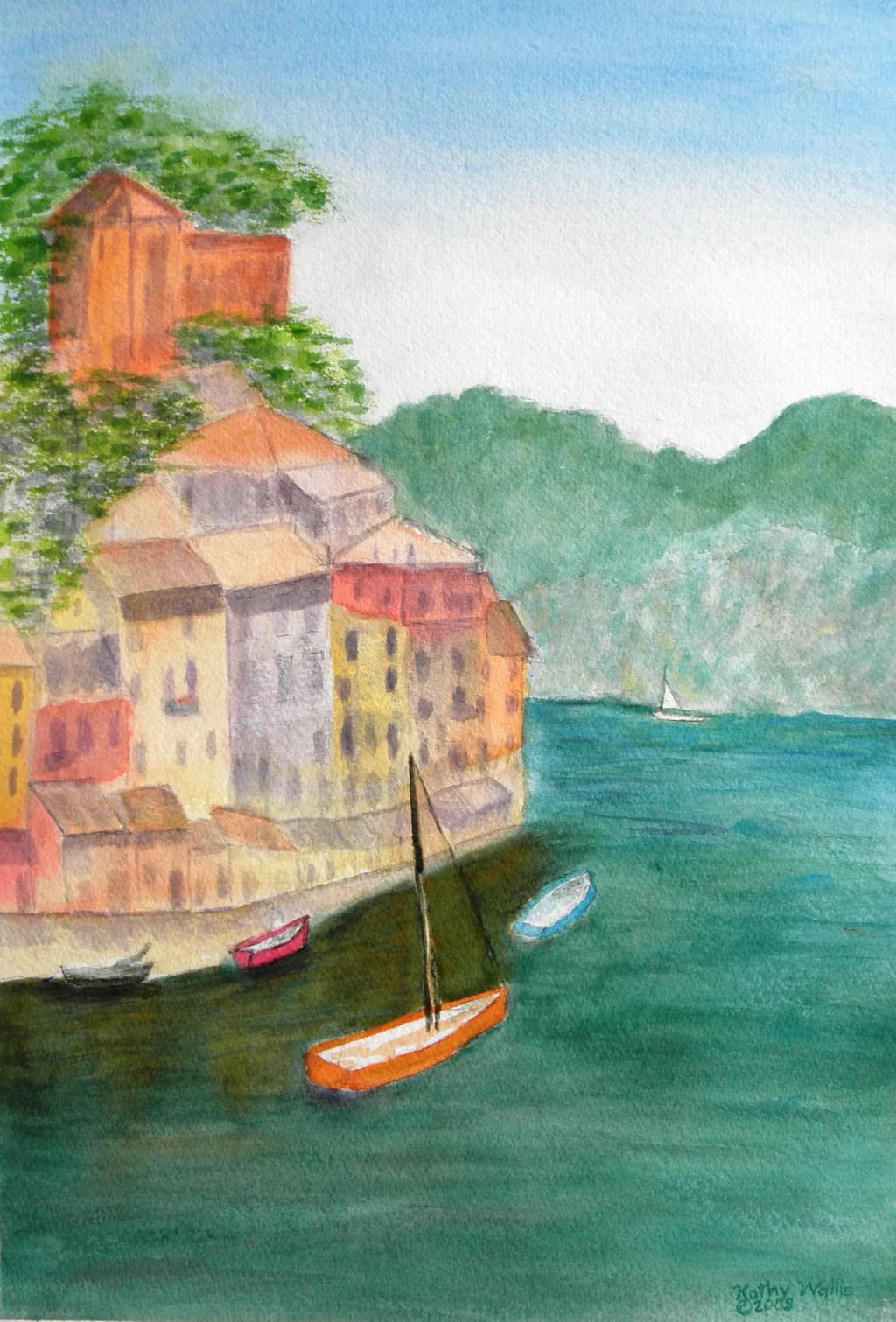 Serene Coastal Village: A Watercolor Journey Through Tranquil Waters and Colorful Homes