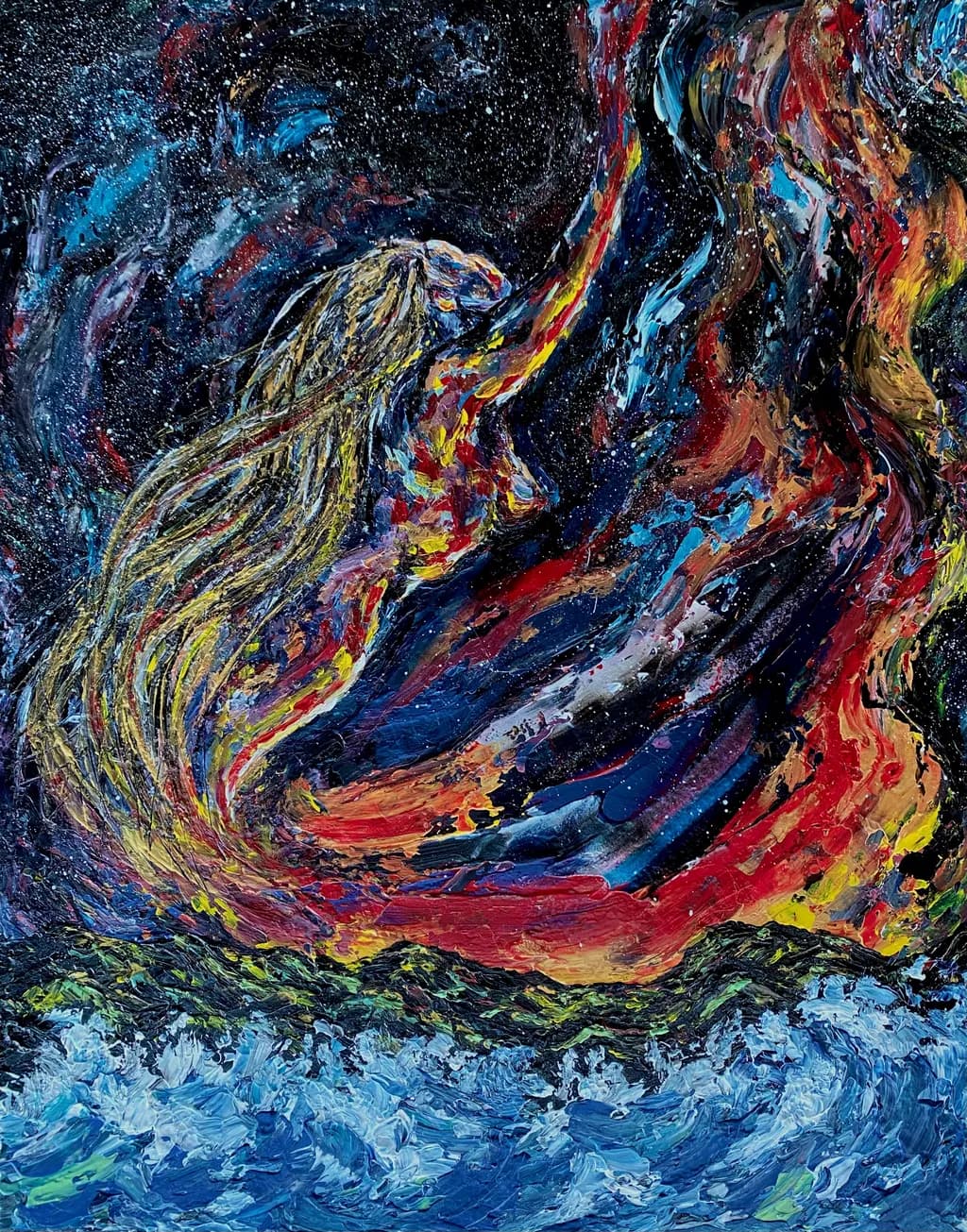 Ethereal Dance of Fire and Water: A Cosmic Journey Through Color and Emotion