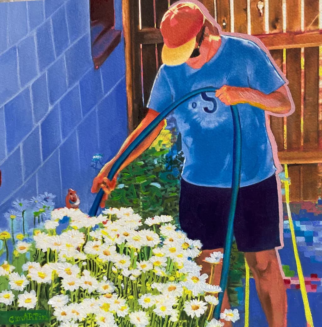 "Watering the Blooms: A Summer's Embrace in the Garden" // Link in bio. Media: Oil on canvas. #wateringtheblooms #carriemartin #carriemartinstudio