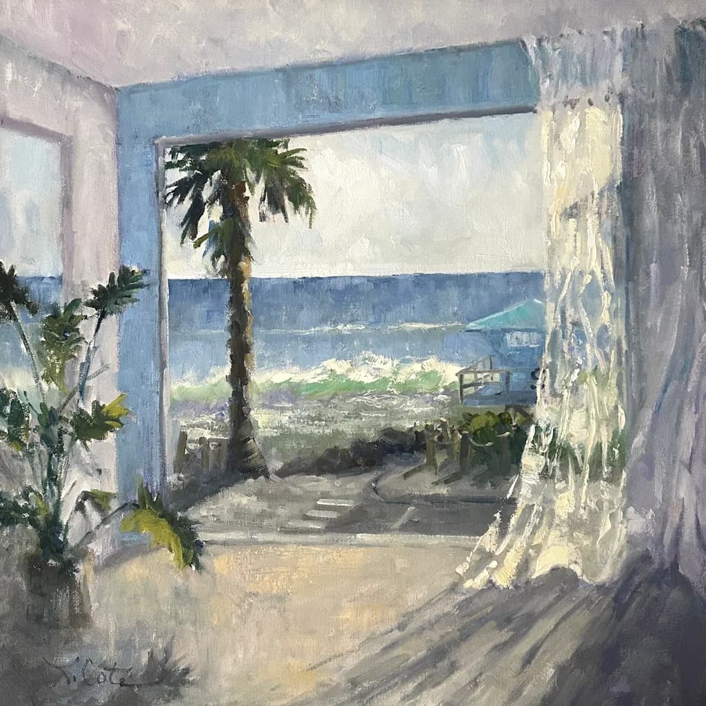 Serene Coastal Escape: A Tranquil View of Waves and Palm Trees from a Sunlit Room