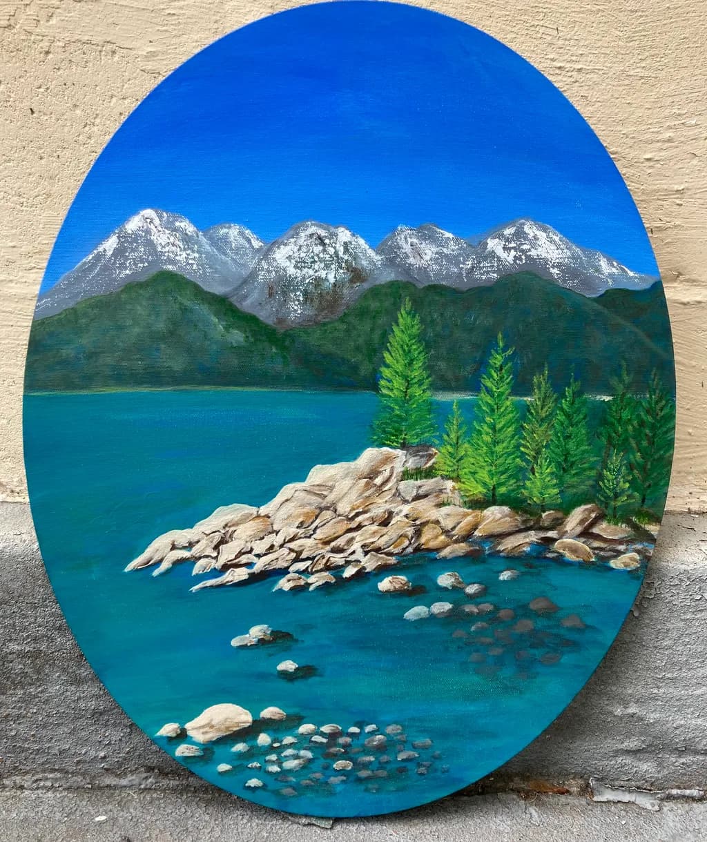 Serenity by the Shore: A Tranquil Mountain Landscape in Vibrant Blues and Greens
