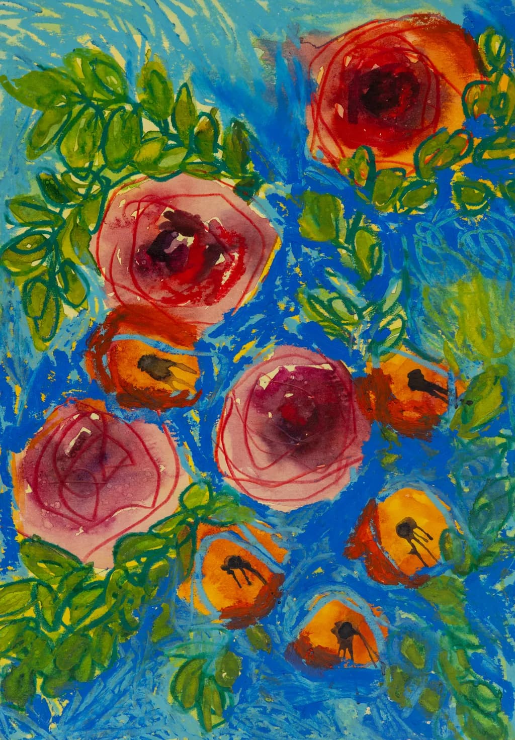 Vibrant Blossoms: A Dance of Roses and Citrus in Blue Harmony