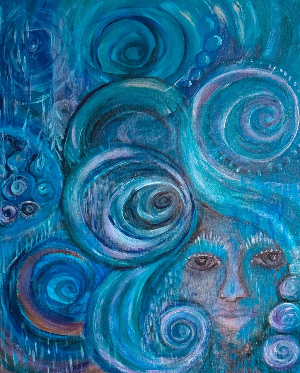 Whispers of the Ocean: A Dreamlike Journey Through Swirling Blues and Mystical Faces
