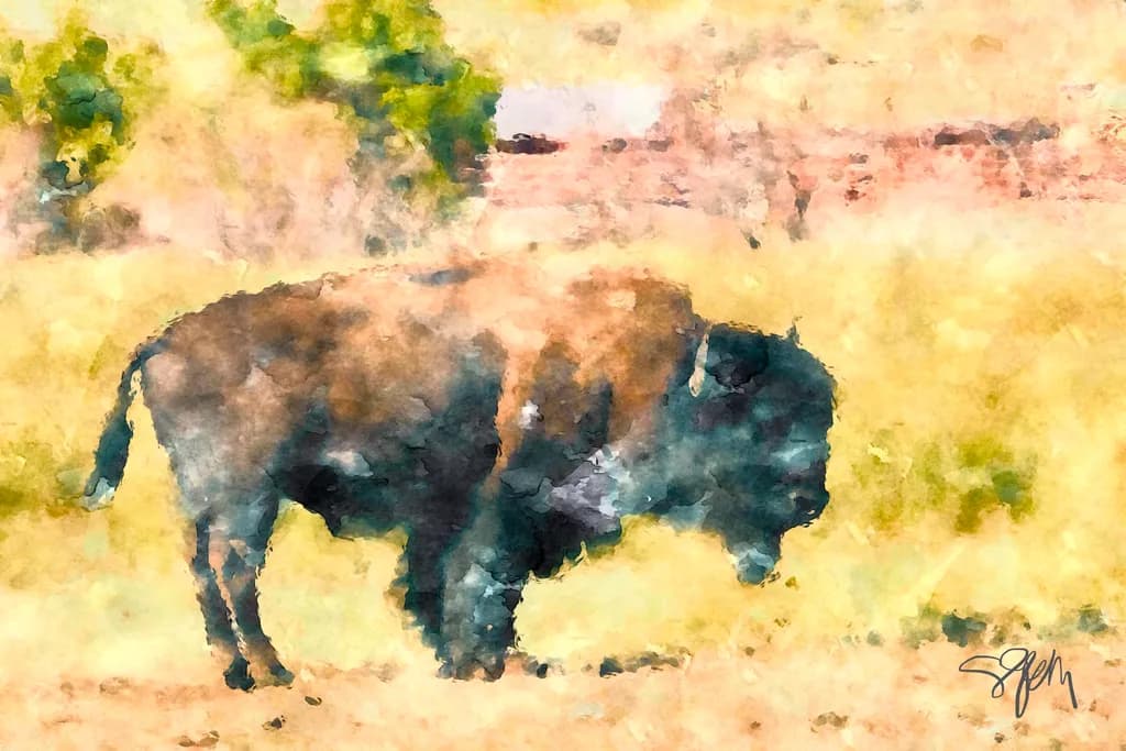 Majestic Buffalo in a Dreamy Landscape: A Watercolor Journey Through Nature's Beauty