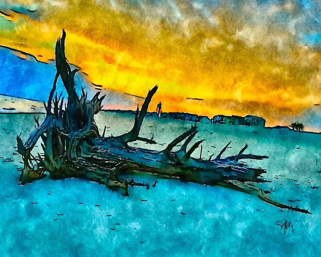Whispers of the Shore: A Vibrant Sunset Over Driftwood Dreams