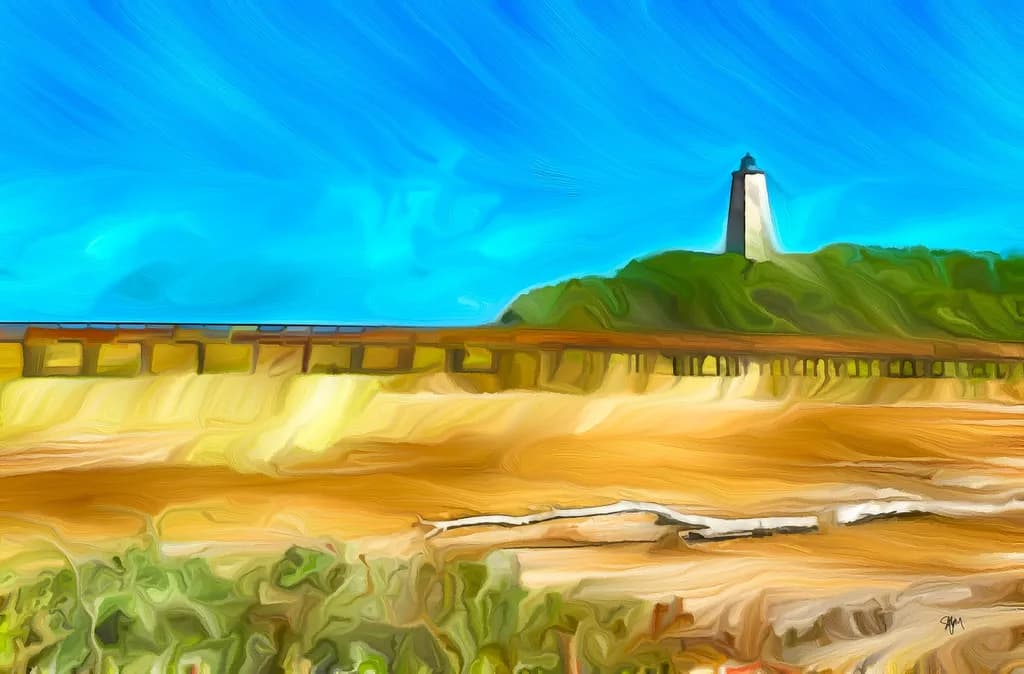Coastal Serenity: A Vibrant Lighthouse Amidst Golden Sands and Azure Skies