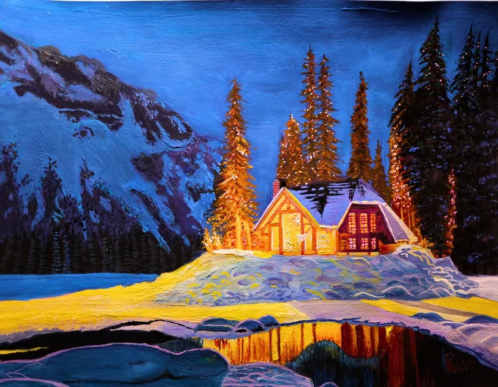 Whispers of the Night: A Serene Cabin Reflection in a Snowy Forest Landscape