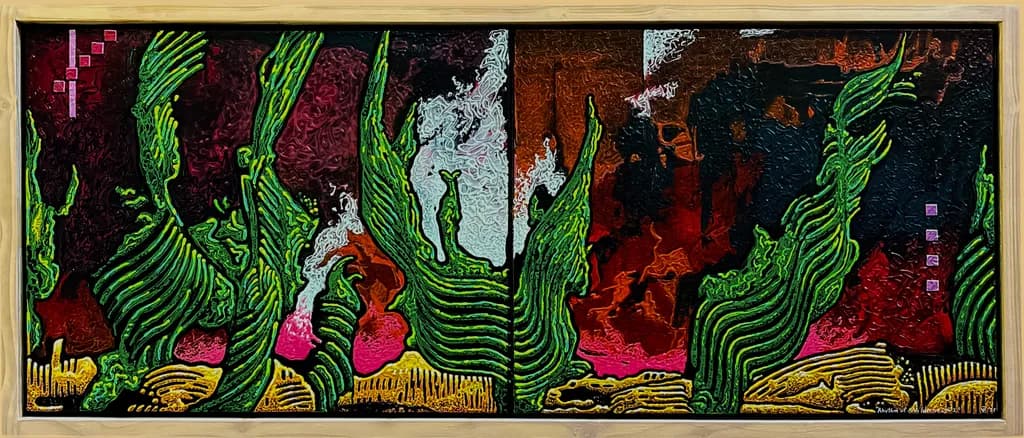 Vibrant Echoes of Nature: A Lush Abstract Landscape in Bold Colors