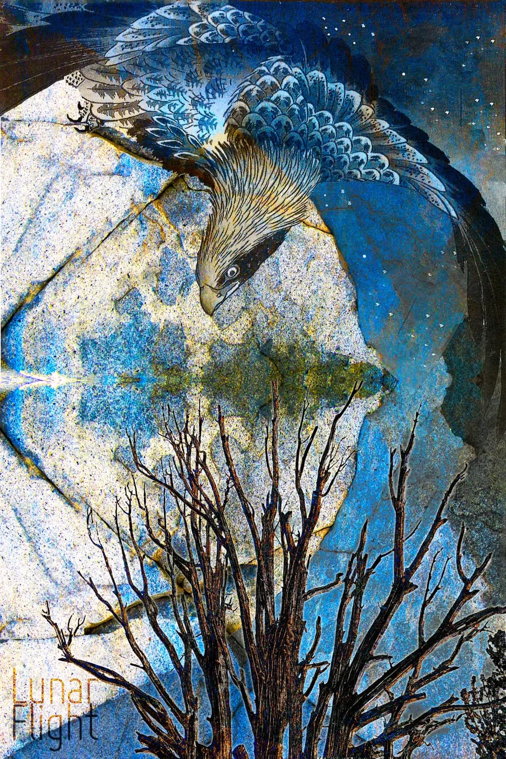 Lunar Flight: A Majestic Hawk Soars Through Moonlit Trees in a Dreamlike Blue Landscape
