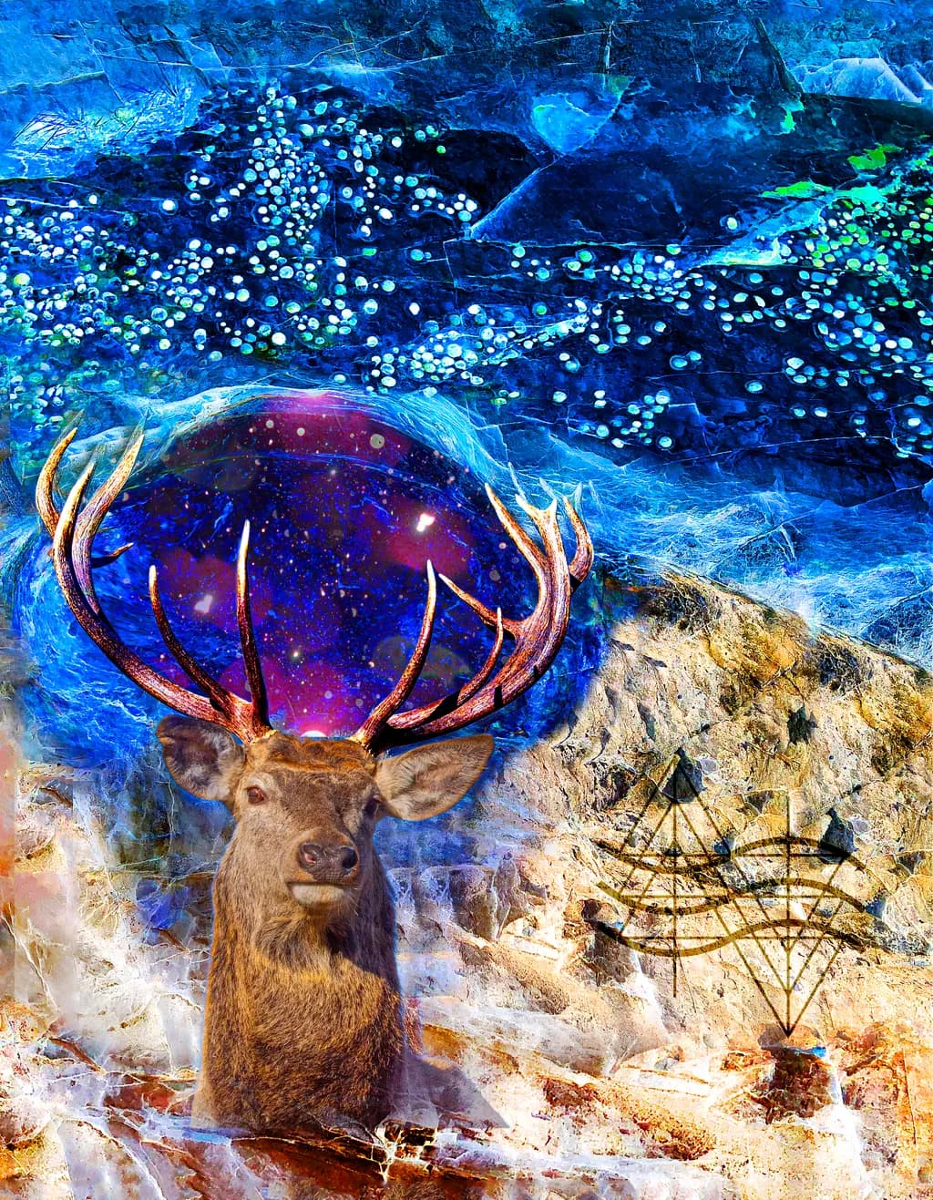 Celestial Majesty: The Cosmic Stag in a Dreamlike Landscape