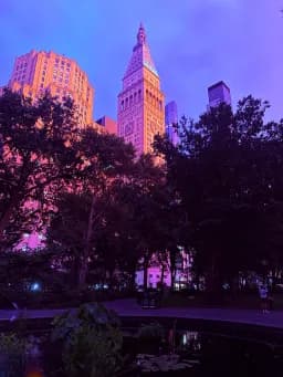 Pink Buildings & Pool at Dusk
