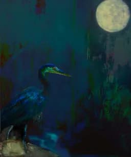 Blue Heron in Moonlit Wetland