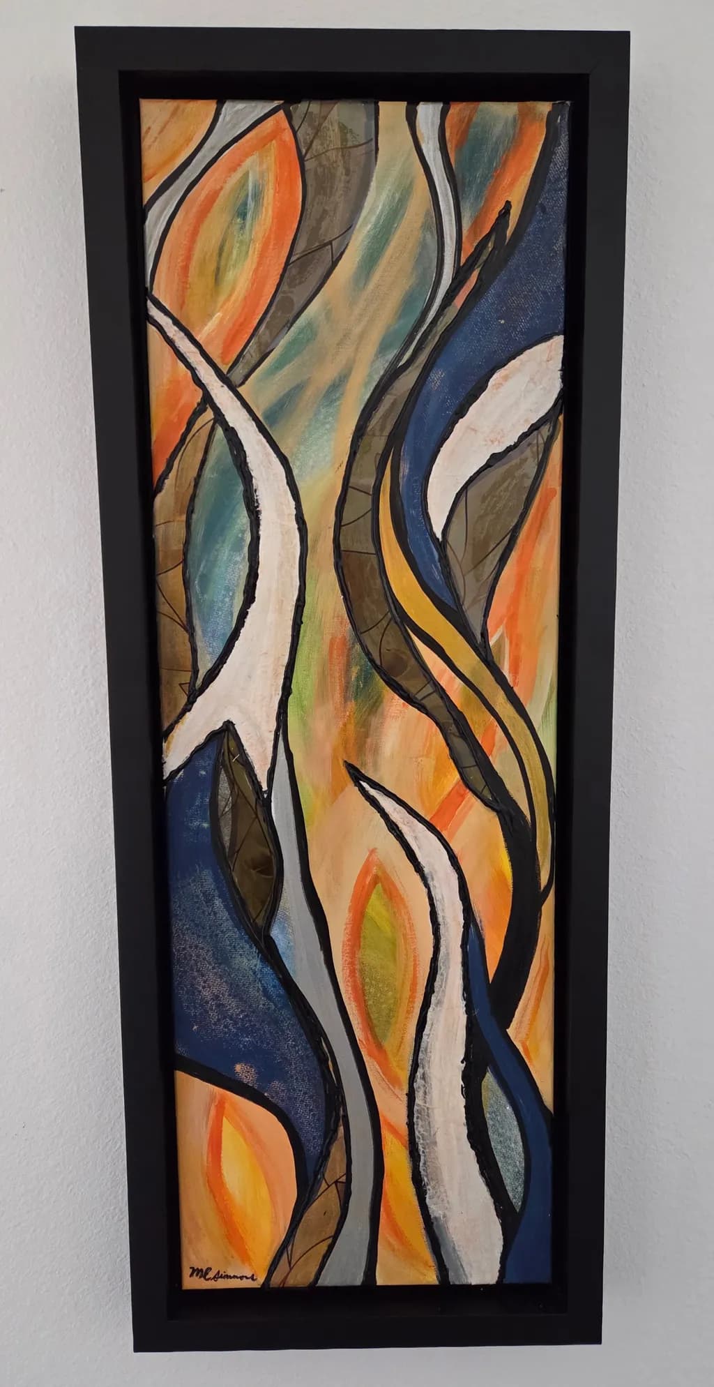 The Dance of Fire and Water: vertical abstract painting in Oragnges, blue and Yellow currents