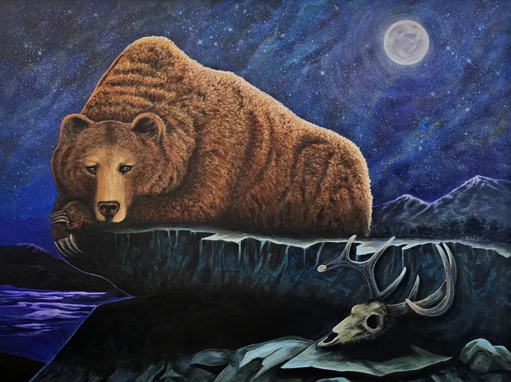 Whispers of the Wild: A Grizzly's Gaze Under the Moonlit Sky