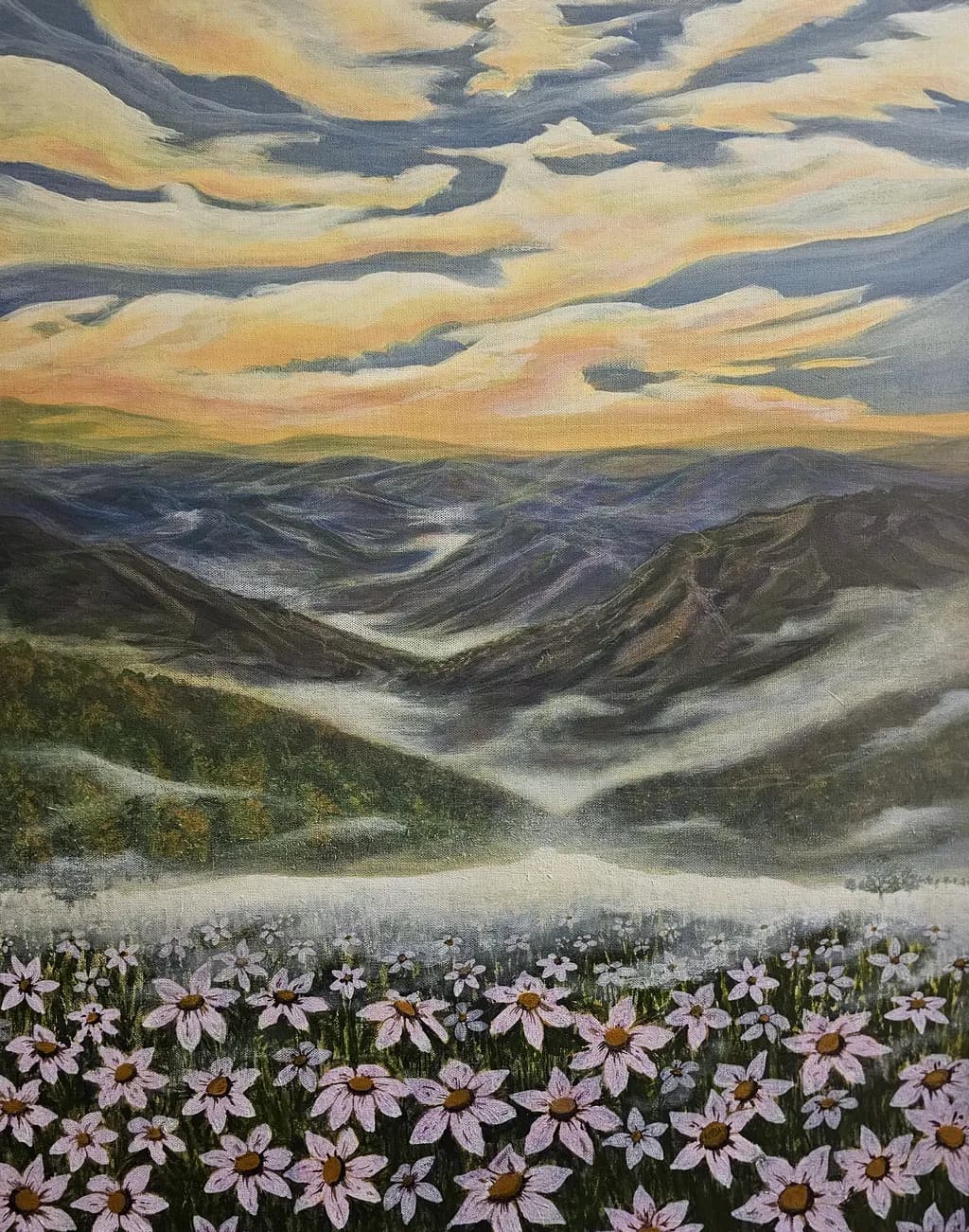Whispers of Dawn: A Serene Landscape Awash in Blooms and Mist
